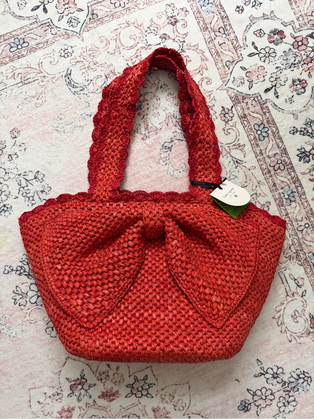 Kate Spade Red Straw Tote Bag with Bow Detail